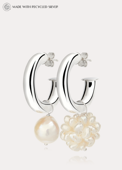 Chunky Silver Hoops - Pearl Mix & Match